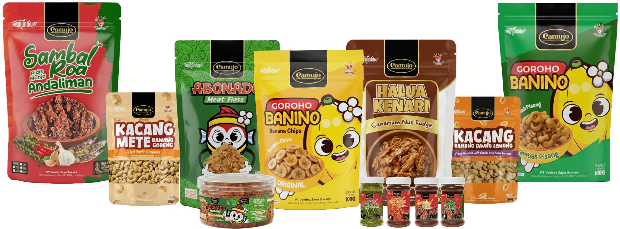 Ragam oleh-oleh khas Manado CAMUJO: sambal roa, goroho banino, halua kenari, kacang mete